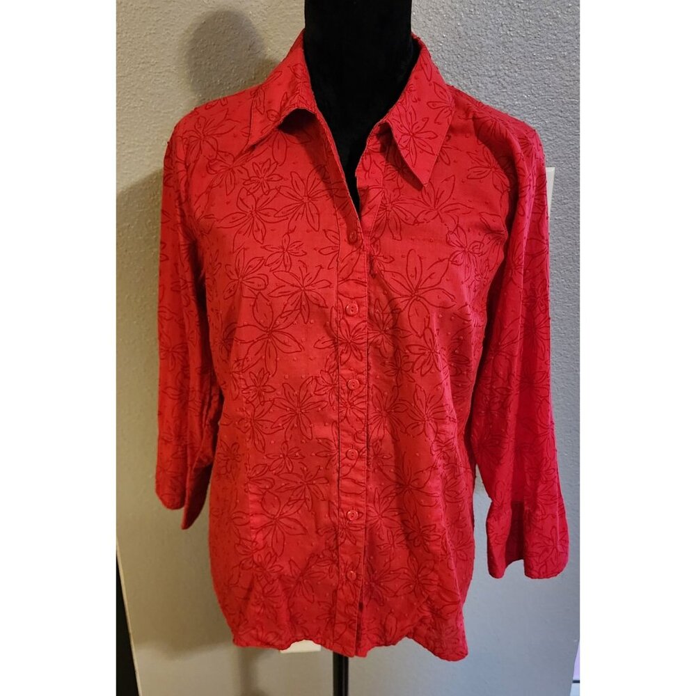JM‎ Collection Blouse Women Size 14 Floral Print Button-Up 3/4 Sleeves Red